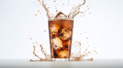 Ice coffee in a glass with splash isolated on white.