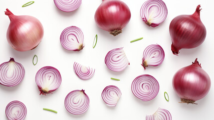 Fresh red onion and cut in various size isolated on white background - obrazy, fototapety, plakaty