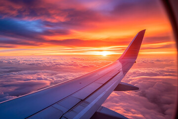 Wing of an airplane flying above the clouds at sunset or sunrise view from the window. Travel content.