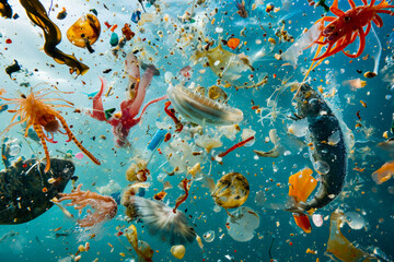 Accumulation of Plastic in Ocean Waters. Plankton and microscopic marine organisms surrounded by plastic particles.