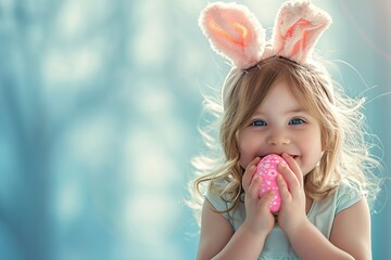 A child bathed in sunlight holding an Easter egg. Easter content. The banner.