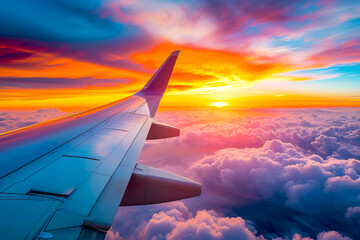 Wing of an airplane flying above the clouds at sunset, view from the window. Travel content.