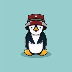 Vector illustration of cute little baby penguin with hat isolated. In flat style.