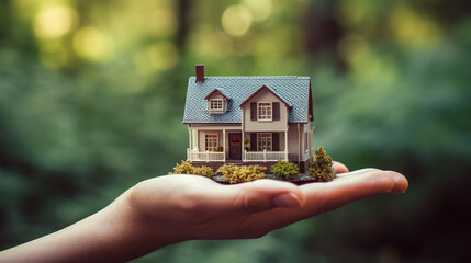 Real estate and property concept. Hand holding house model..