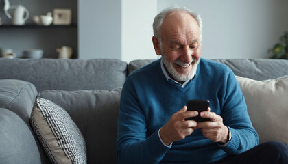 Happy older man checking social media holding smartphone sitting on a sofa at home. - obrazy, fototapety, plakaty