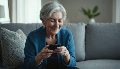 Happy older woman checking social media holding smartphone sitting on a sofa at home. - obrazy, fototapety, plakaty