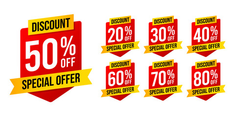Special offer discounts label starting from 20, 30, 40, 50, 60, 70, 80 percent off. Trendy red and yellow color sales promotion banner element. Vector illustration