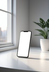 Smartphone white screen mockup in front of window