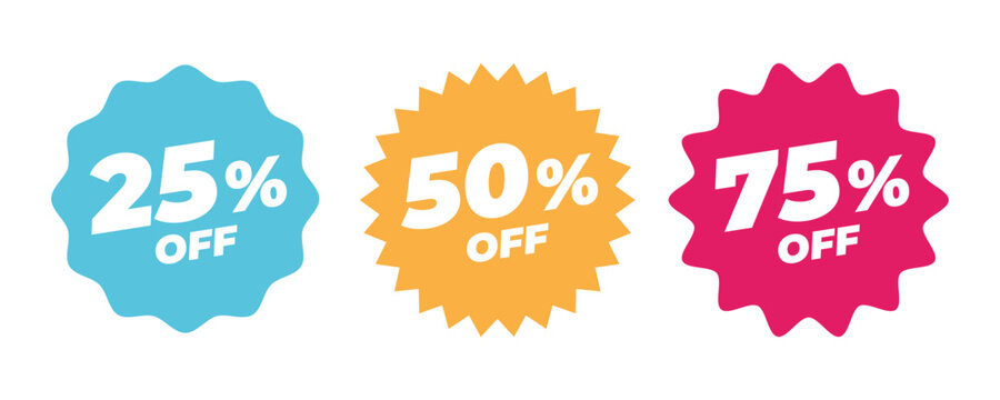 Discounts label starting from 25, 50, 75 percent off. Trendy colorful sales promotion banner element. Vector illustration