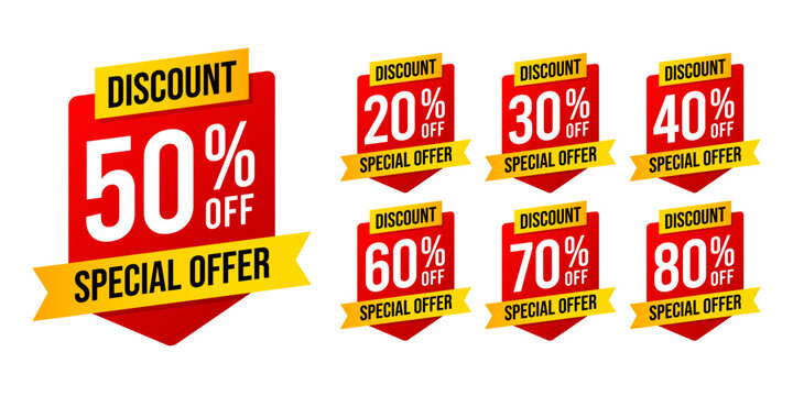 Special offer discounts label starting from 20, 30, 40, 50, 60, 70, 80 percent off. Trendy red and yellow color sales promotion banner element. Vector illustration