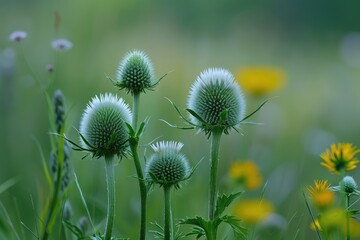 Teasels with flowers against green background.