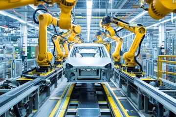 Modern car manufacturing factory, automobile assembly line, automotive industry.