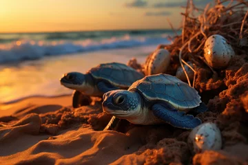 Fotobehang Baby Sea Turtle just born on the beaches at sunset © Onanong