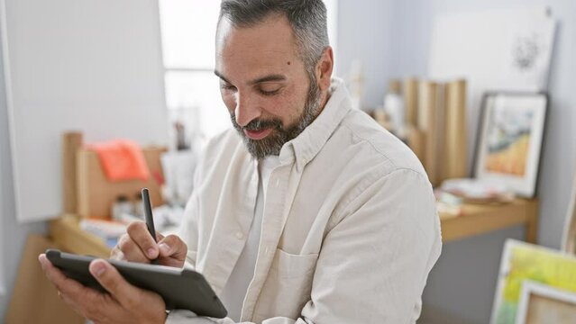 A mature bearded man with grey hair works attentively on a tablet in a bright art studio.