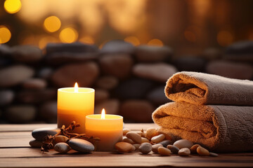 Obraz na płótnie Canvas Warm inviting picture of beautiful spa composition with towels, candles and stones on massage table in spa salon. Space for text