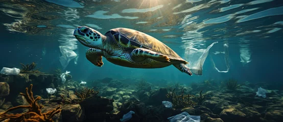 Tuinposter Sea turtles swimming in ocean littered with plastic waste, Plastic pollution in ocean environmental problem © Onanong