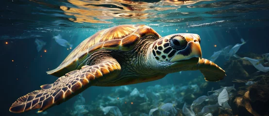 Fotobehang Sea turtles swimming in ocean littered with plastic waste, Plastic pollution in ocean environmental problem © Onanong