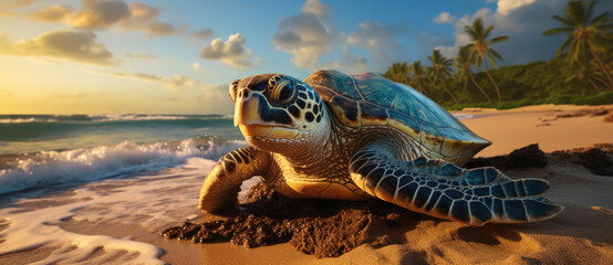 Sea turtle lying on the beach at sunset.