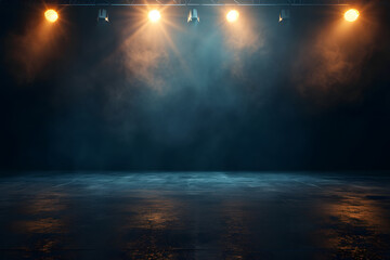 Empty stage with spotlights and smoke on dark background