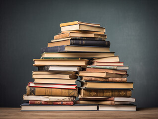 Old books on wooden table.