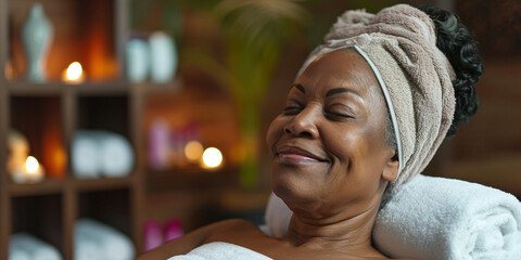 African American senior woman old lady in spa salon relaxing after taking massage treatment with her eyes closed. Care about yourself beauty treatment procedures concept. Body skin and hair care - obrazy, fototapety, plakaty