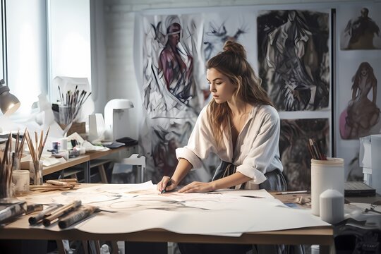 A fashion designer sketching new designs in a bright studio space.