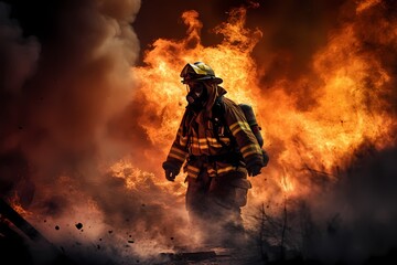 A firefighter in full gear bravely battling a raging inferno, with billowing smoke and intense flames illuminating the scene.