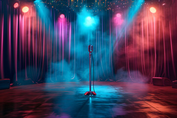 stage with a spotlight and a microphone.