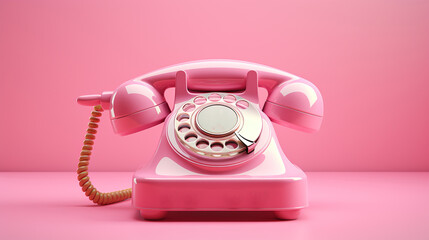 Pink vintage phone isolated on pink table.