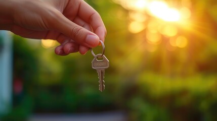 hand holding keys front of the house. close up to hand holding key outdoor front of home in the morning.