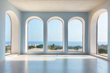 Three Arched Windows Frame a Serene Sea View against a White Wall on a Cool Grey Concrete Floor