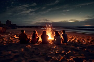 A group of friends enjoying a bonfire on a beach, roasting marshmallows as the flames flicker against the night sky.