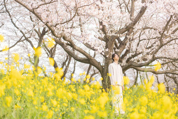 大きな桜の木の前に立つ若い男性/花が咲いている
