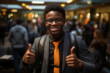African-American kid dressed as a business man sitting in office chair. Teenager smiling showing thumbs up in the office. Working student. Learning from young age, intellectual growth