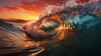 A powerful ocean wave crests with a dramatic sunset glow, capturing the fiery essence of nature.

