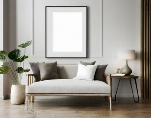 Frame mockup, ISO A paper size. Living room poster mockup. Interior mockup with house background. Generative AI.