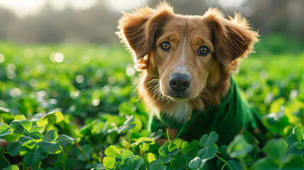 Dog on green background for St. Patrick's Day Festivities. - obrazy, fototapety, plakaty
