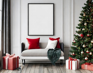  Frame mockup, ISO A paper size. Living room wall poster mockup. Interior mockup with house. Generative AI.