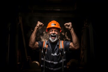 Fototapeta premium Old man wearing helmet construction employee celebrating the success