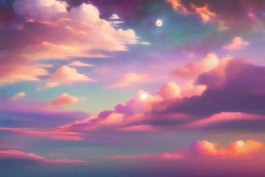 Purple unicorn background. Pastel watercolor sky with glitter stars and bokeh. Fantasy galaxy with holographic texture. Magic marble space.