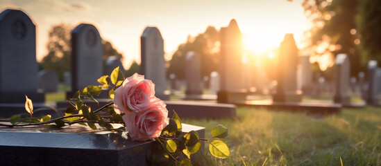 Tender Pink Roses on Cemetery Headstone at Sunrise, Eternal Memory and Grieving Concept - obrazy, fototapety, plakaty