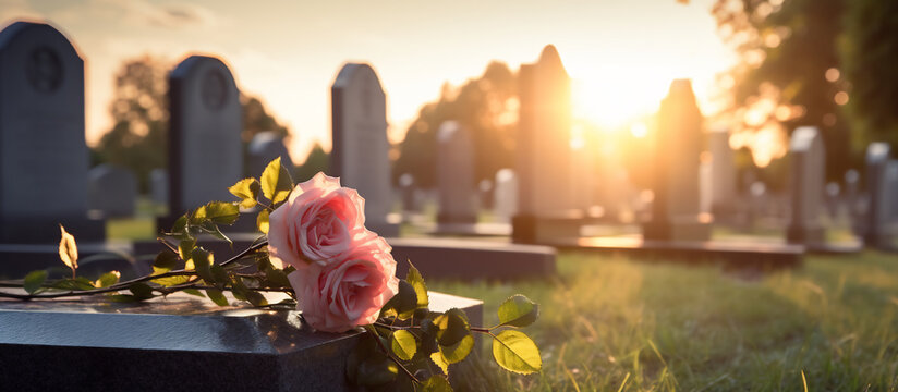 Tender Pink Roses on Cemetery Headstone at Sunrise, Eternal Memory and Grieving Concept