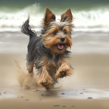  
Yorkie Dog Enjoying a Run on the Beach Sands