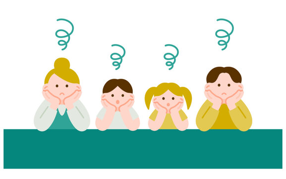 みんなで悩む4人家族のイラスト