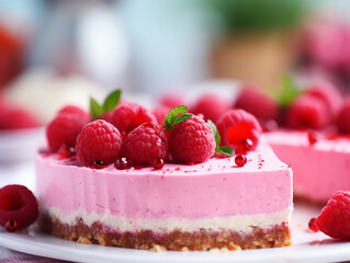 Delicious cake with fresh raspberries on plate, closeup