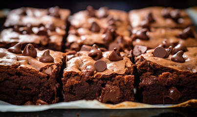Chocolate brownies on a baking tray. Shallow dof.