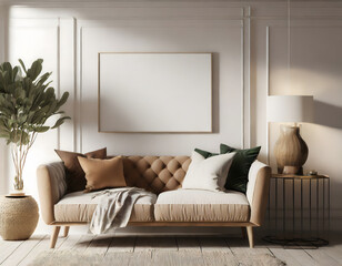 Home interior mock-up with cozy sofa on white wall background, 3d render. Generative AI.