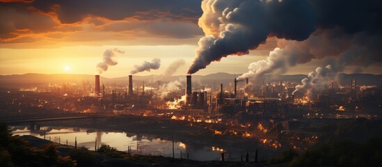Factory chimney. environmental and atmospheric pollution. The sky is smoky with toxic substances. Sunset over industrial city