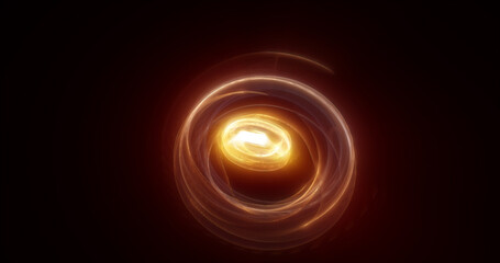 Abstract yellow rings spheres from energy magic waves of smoke circles and glowing lines on a black background