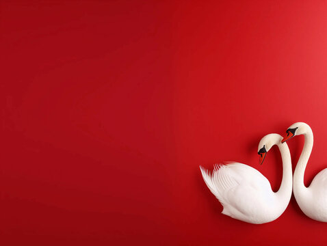 A Pair of Swans Isolated on a Red Background With Copy Space